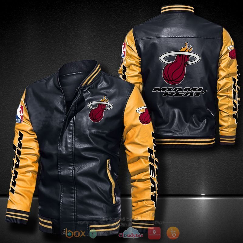 NBA Miami Heat Black Yellow Logo Team Leather Bomber Jacket NBA Miami Heat Black Yellow Logo Team Leather Bomber Jacket
