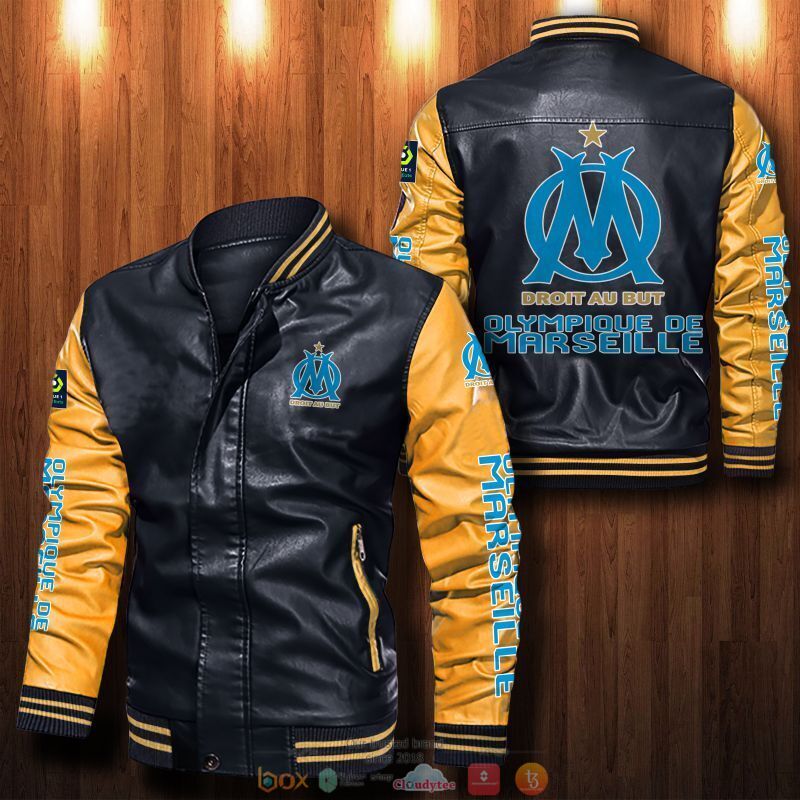 Olympique de Marseille Black Yellow Leather Bomber Jacket Olympique de Marseille Black Yellow Leather Bomber Jacket