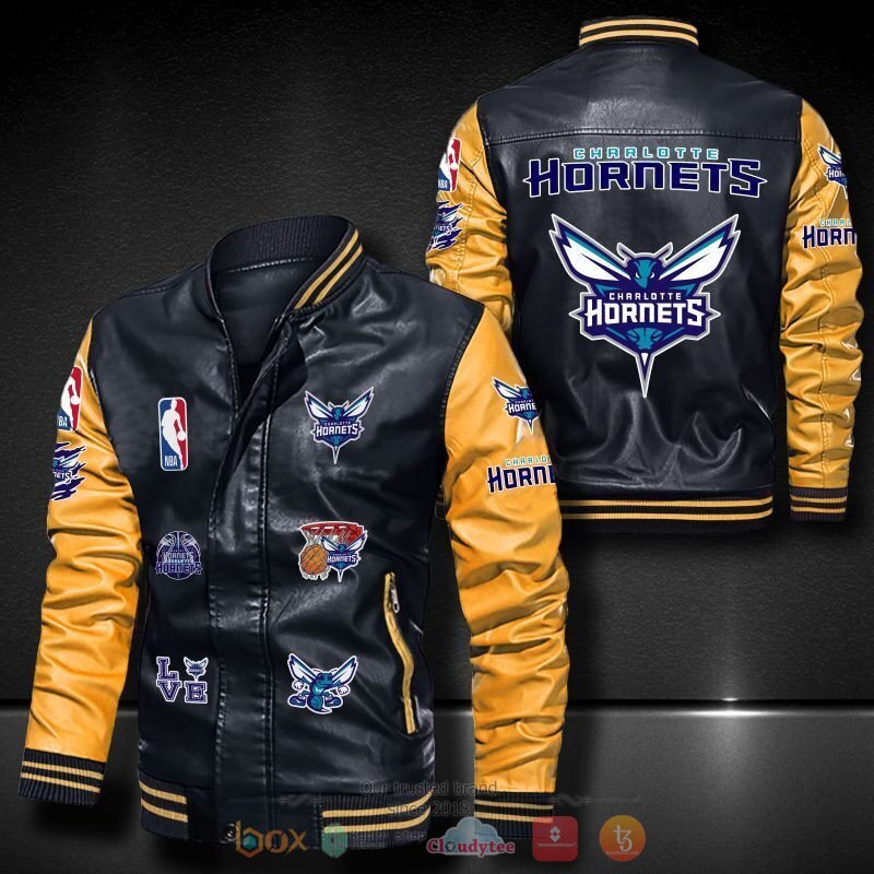 NBA Charlotte Hornets Black Yellow Logo Team Leather Bomber Jacket