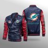 NFL Miami Dolphins Navy Red Leather Bomber Jacket