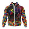 NFL New York Giants Custom Name Number Autism Awareness Design Zip Up Hoodie