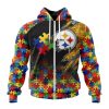 NFL Pittsburgh Steelers Custom Name Number Autism Awareness Design Zip Up Hoodie