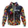 NFL Seattle Seahawks Custom Name Number Autism Awareness Design Zip Up Hoodie