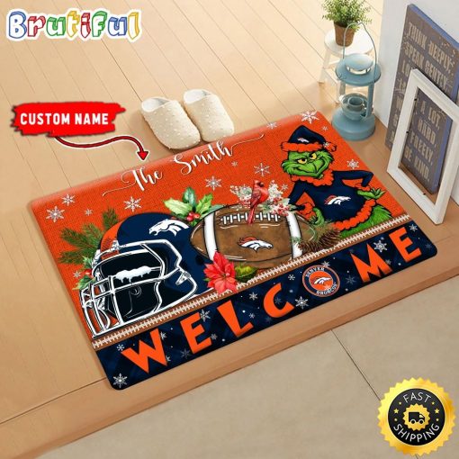 NFL Denver Broncos Custom Name Grinch Christmas Edition Rubber Doormat