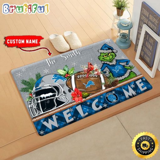 NFL Detroit Lions Custom Name Grinch Christmas Edition Rubber Doormat