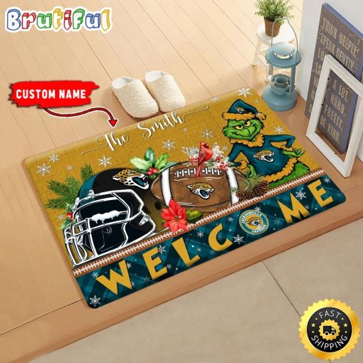 NFL Jacksonville Jaguars Custom Name Grinch Christmas Edition Rubber Doormat