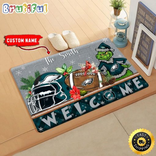 NFL Philadelphia Eagles Custom Name Grinch Christmas Edition Rubber Doormat